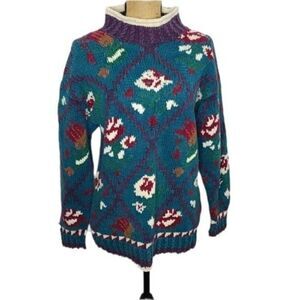 Vintage Hand Knitted Teal Oversized Knit Sweater